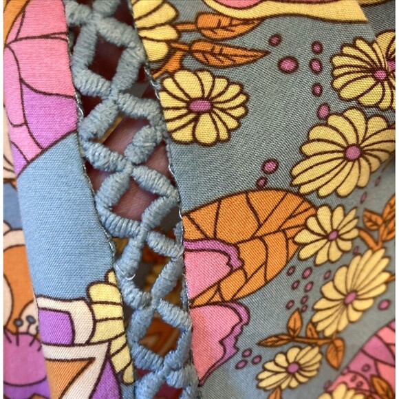 Babydoll Hippie Boho Top XL Blue Orange Retro Floral Short Sleeve Funky Grunge - Picture 3 of 13